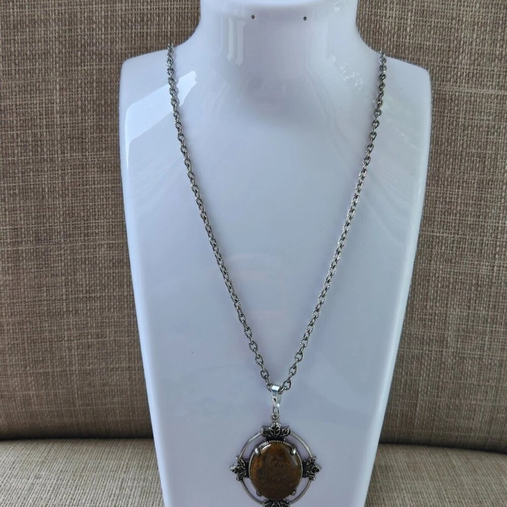 Vintage Pendant Women Necklace Brown Stone Silver Tone Chain Fashion Jewelry - Picture 8 of 12